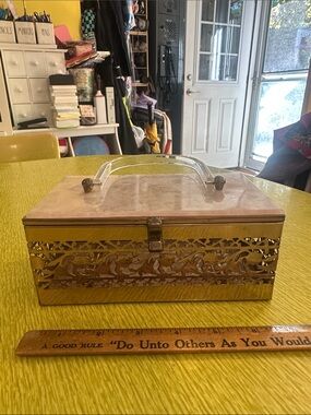 MCM Mid Century Modern Lucite Handled Box Purse Handbag Brass Filigree